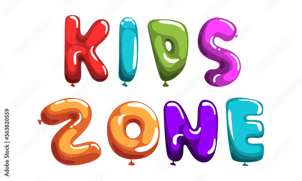 Kids Zone Phrase, Colorful Glossy Bubble Shaped Lettering Vector Illustration White Background Kids Zone Phrase, Colorful Glossy Bubble Shaped Lettering Vector Illustration White Background