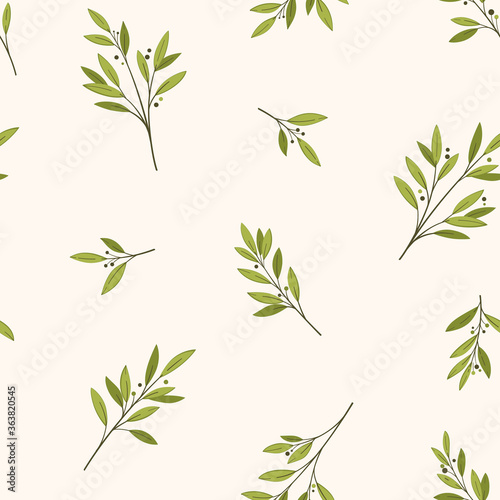 Trendy pattern with branch of a Bay tree. Cute illustration.