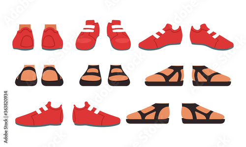 Footwear Set, Male or Female Stylish Shoes and Sandals Cartoon Style Vector Illustration