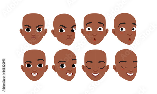 Male Heads Set, Face of African American Boy, Frontal, Profile, Three Quarter Turn View Cartoon Style Vector Illustration