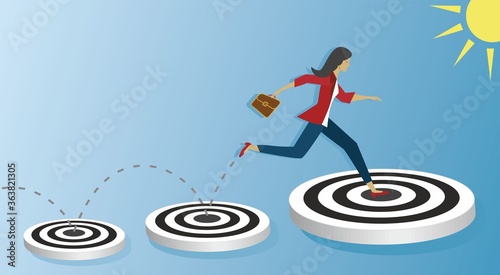 Jump to the goal. Woman with dark hair jumping to bigger and bigger target. Vector illustration.