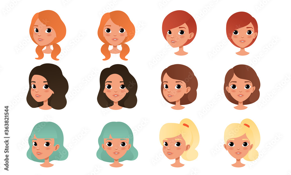 Heads of Cute Girls Set, Pretty Female Characters with Various Hairstyles  Cartoon Style Vector Illustration Stock Vector | Adobe Stock