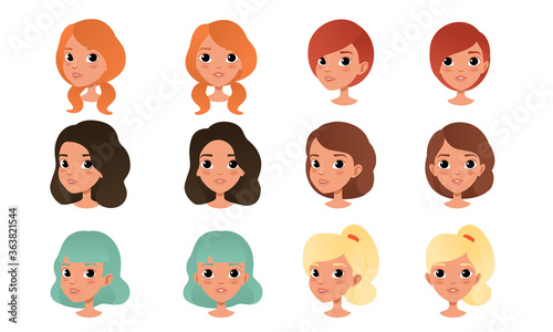 Heads of Cute Girls Set, Pretty Female Characters with Various Hairstyles Cartoon Style Vector Illustration