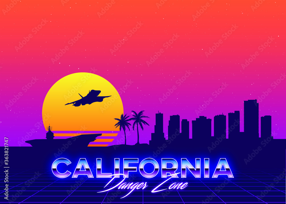 San Diego California USA Skyline Landscape Retro 80's Vector Graphic