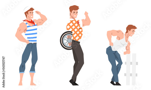 Stylish Handsome Men Set, Sexy Muscular Guys Posing in Fashion Clothes Cartoon Style Vector Illustration