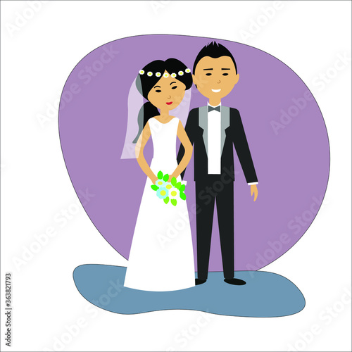 Young Asian couple getting married. Flat vector illustration.