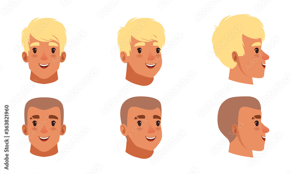 Male Heads Set, Smiling Caucasian Young Men Characters, Frontal, Profile, Three Quarter Turn View Cartoon Style Vector Illustration Male Heads Set, Smiling Caucasian Young Men Characters, Frontal, Profile, Three Quarter Turn View Cartoon Style Vector Illustration