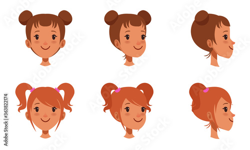Female Heads Set, Cheerful Girls Characters with Various Hairstyles, Frontal, Profile, Three Quarter Turn View Cartoon Style Vector Illustration