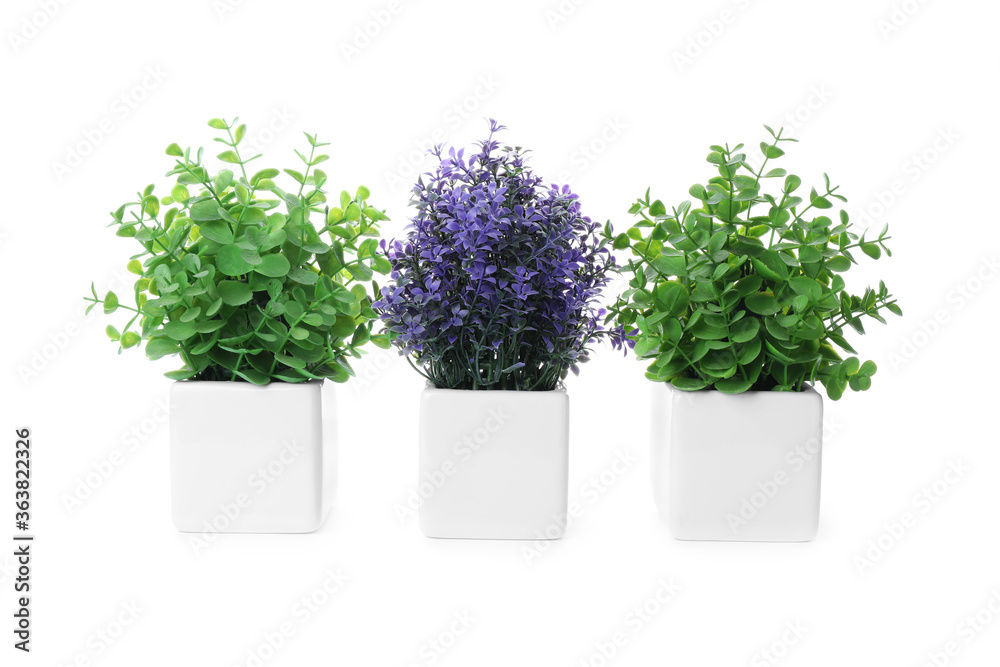 Fototapeta premium Beautiful artificial plants in flower pots isolated on white