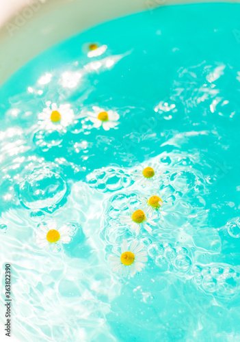 Little wild daisies with yellow center floating on the blue bubble paradise water. Shadow from flowers on the bottom. Free copy space. Top view  macro shoot