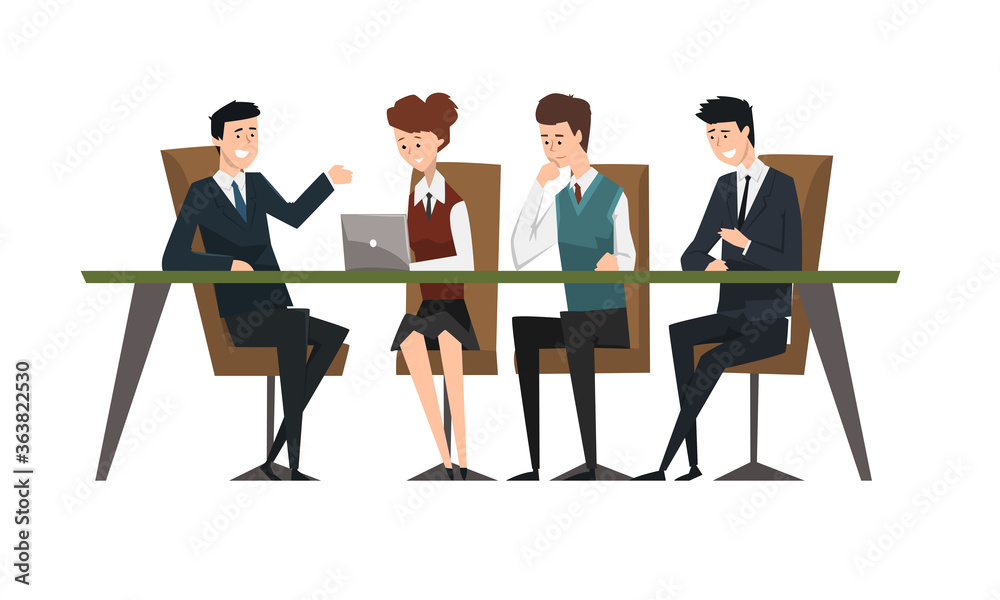 Group Business People Having Meeeting at Conference Table, Male Colleagues Discussing Ideas or Brainstorming Cartoon Style Vector Illustration Group Business People Having Meeeting at Conference Table, Male Colleagues Discussing Ideas or Brainstorming Cartoon Style Vector Illustration