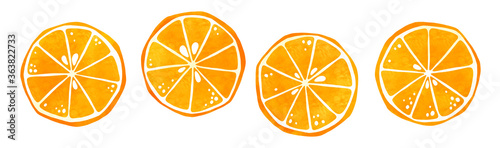 Watercolor orange fruit slice clipart set. Half citrus isolated stylized clip art, hand drawn stock illustration for design.