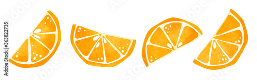 Watercolor orange fruit half slice clipart set. Quarter citrus collection isolated stylized clip art, hand drawn stock illustration for design.