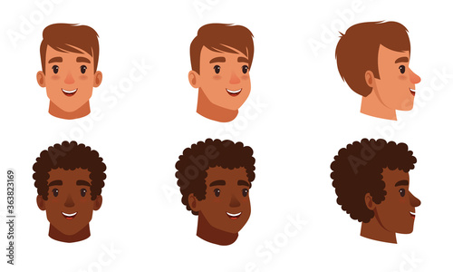 Male Heads Set, Frontal, Profile, Cheerful Caucasian and African American Teenage Boys Characters, Three Quarter Turn View Cartoon Style Vector Illustration