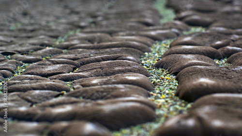 Cracked waterproofing and pebbles on cracks