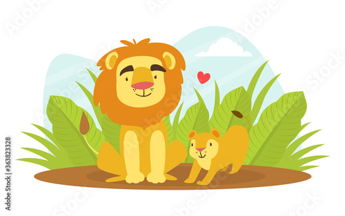 Cute Baby Lion and Parent  Happy Wild African Animals Family Cartoon Vector Illustration