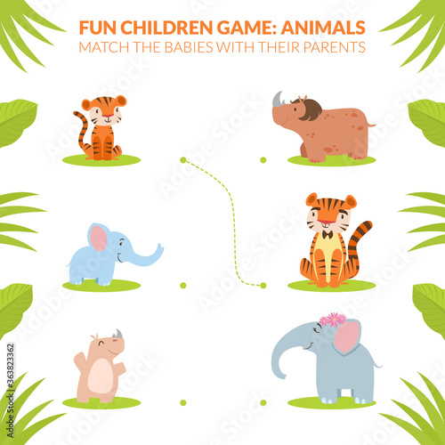 Match the Babies with their Parents, Animals Educational Fun Children Game Cartoon Vector Illustration photo