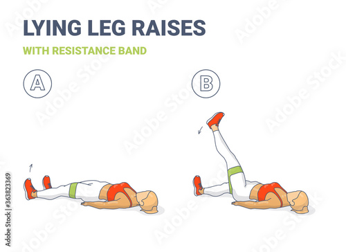Lying Leg Lifting with Resistance Band Exercise illustration. Colorful Concept of Girl Doing Legs Raise Workout Exercise