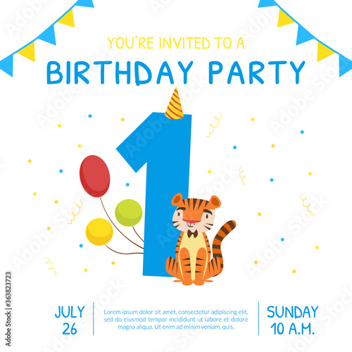 Happy First Birthday Invitation Card Template, Birthday Anniversary Number with Cute Little Tiger Animal Cartoon Vector Illustration
