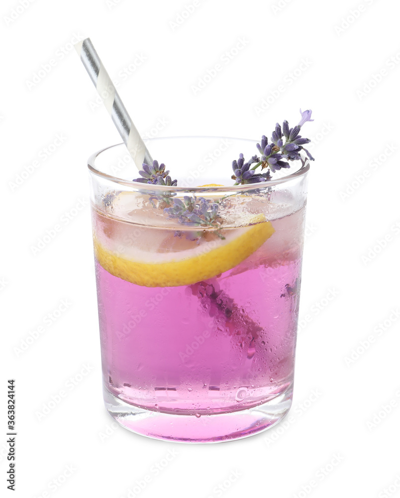 Fresh delicious lemonade with lavender and straw isolated on white Fresh delicious lemonade with lavender and straw isolated on white