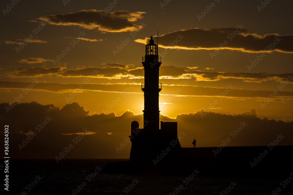 The venetian lighthouse of the old harbor at Old Town of Chania, Crete island.