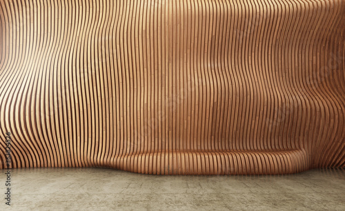 Interior background with parametric wooden panel wall,curve on the wall tranform to seating. 3D illustration photo