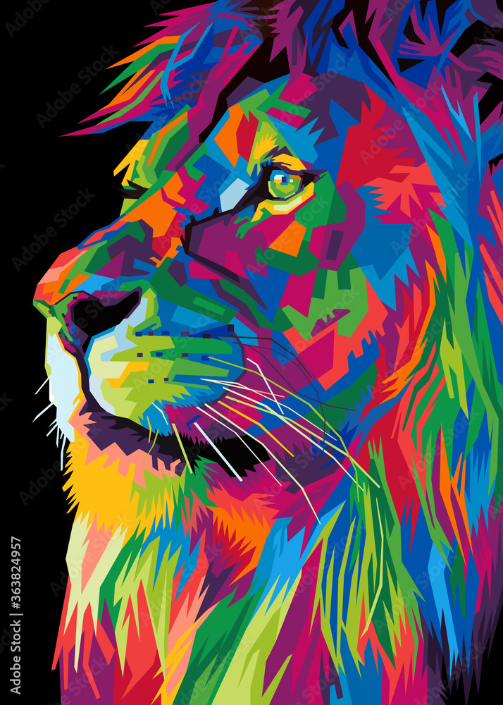 colorful lion head on pop art style isolated with black backround