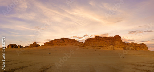 Outcrop geological formations at sunset near Al Ula in Saudi Arabia