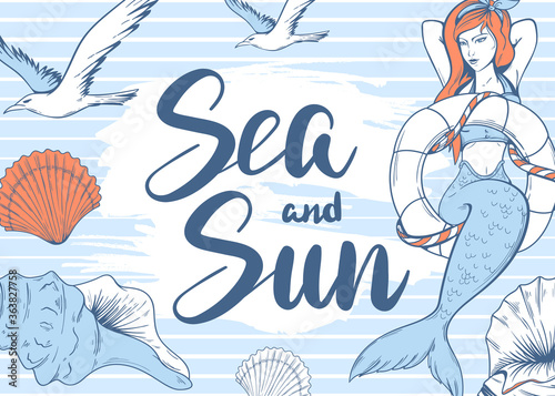 Sea and sun. Background with a mermaid, shells and seagulls