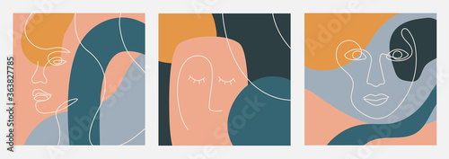 Abstract backgrounds with minimal shapes and line art faces. Esp10 vector templates.