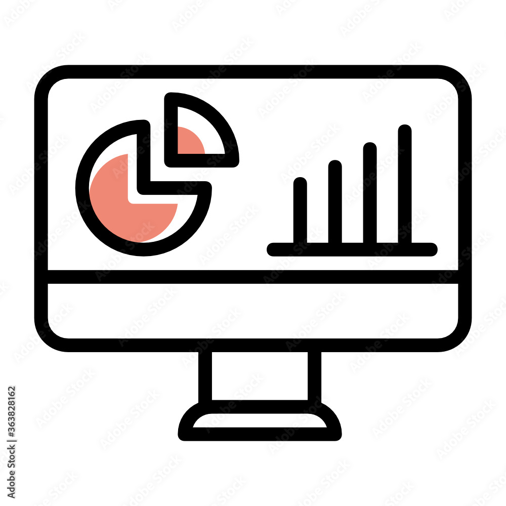 Server analysis and statistics concept, growth symbol with pie chart on LCD vector color icon design, big data symbol on white background Server analysis and statistics concept, growth symbol with pie chart on LCD vector color icon design, big data symbol on white background