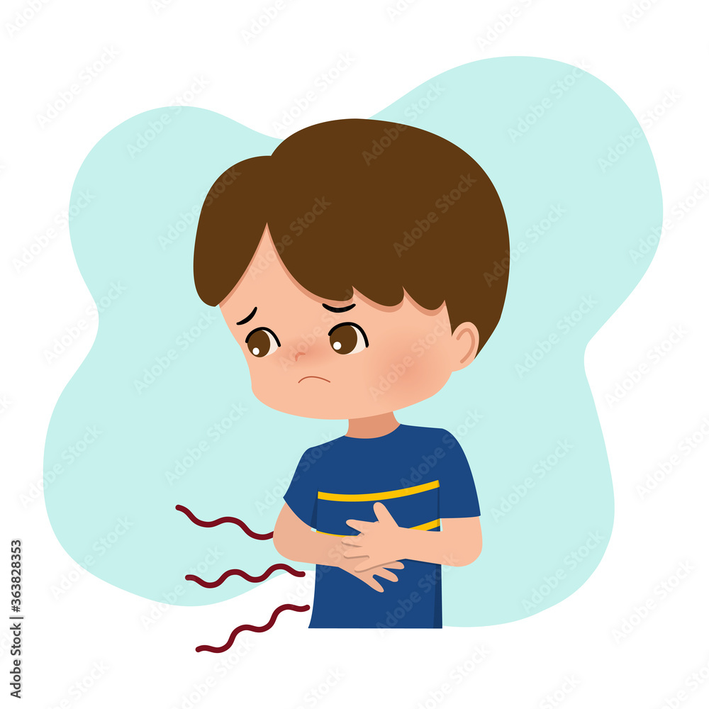Boy touching his stomach as he feel hungry. Stomach pain, ache, hurt. Flat vector design