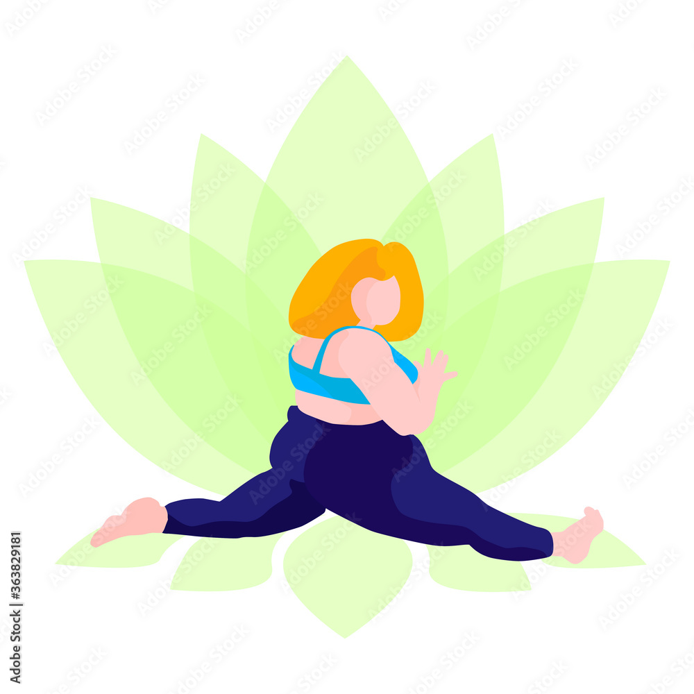 A full girl does yoga on a lotus background. Vector illustration of a girl who sits on a twine, in a flat style. A happy body is a positive concept.