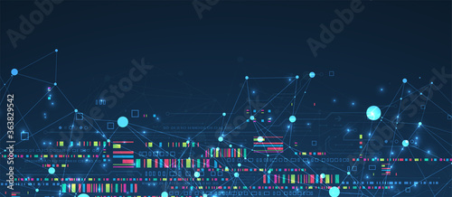 Abstract technology concept with plexus effect. Circuit board, high computer color background. Vector illustration with space for content, web - template, business tech presentation.