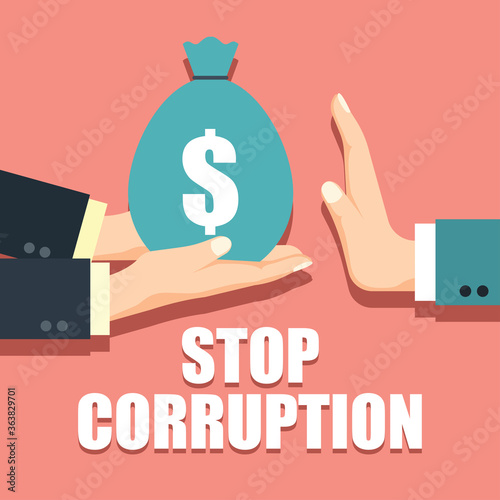 stop corruption concept businessman hand refusing corruption money, vector illustration