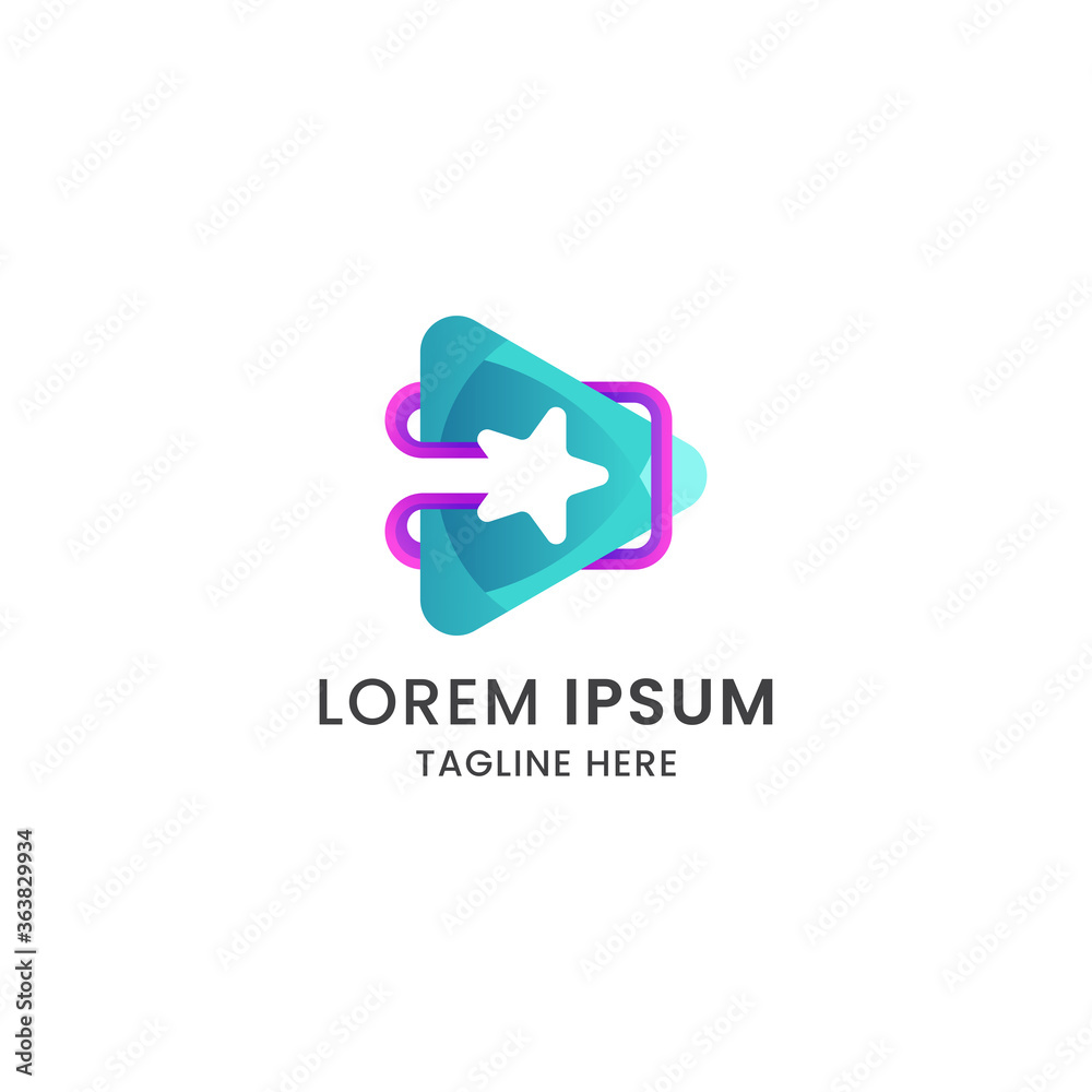 Awesome abstract gradient play button with star logo icon design template premium vector