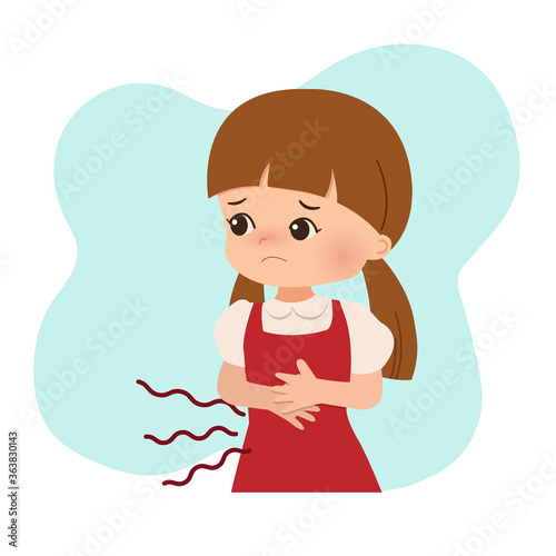 A girl feeling hungry or stomachache. Stomach problem, pain, sickness. Flat vector design isolated on white background.