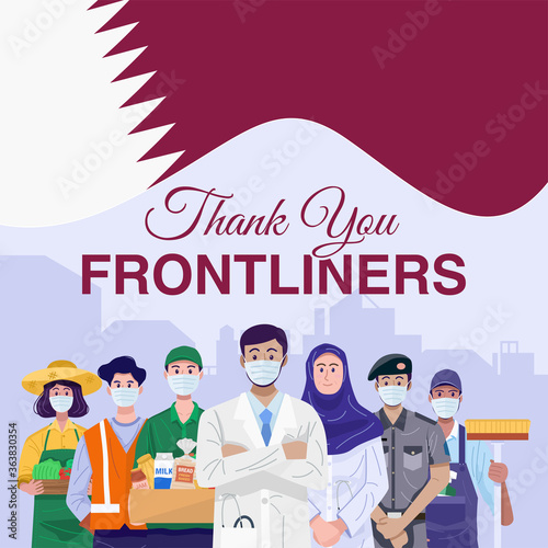 Thank you frontliners. Various occupations people standing with flag of Qatar. Vector