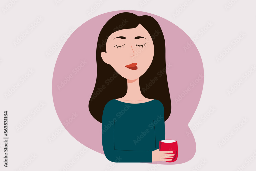 Cute vector image of a young girl with closed eyes. A cup of hot drink. Good morning. Vector illustration.