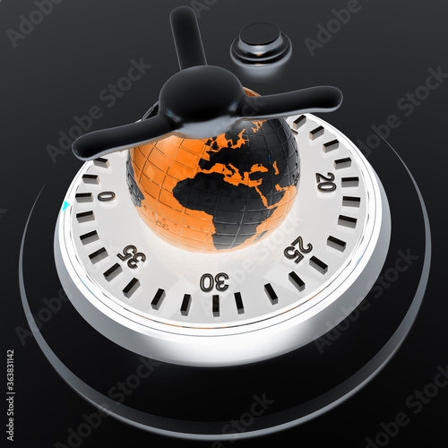 Earth and safe. Global bancing online concept of money saving. 3d render. On a black background. photo