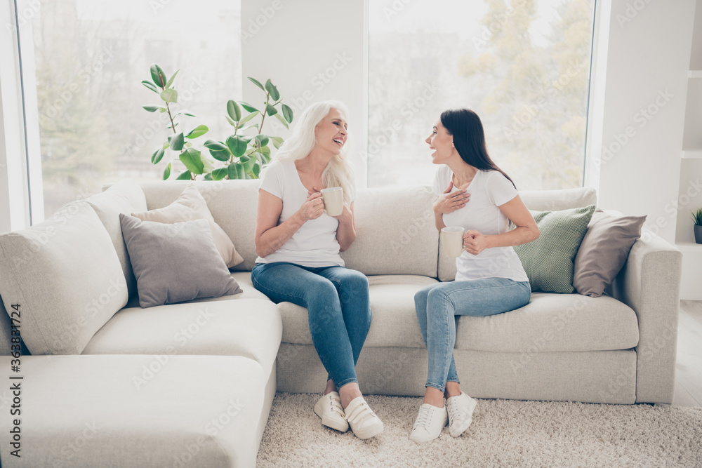 Portrait of two nice attractive lovely charming cheerful cheery women talking laughing sitting on divan daydream spending time holiday weekend vacation in light white interior house flat apartment