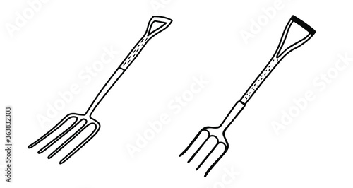 Set of garden forks isolated on a white background. The garden fork. Tools for earthworks and territory cleaning. Vector stock illustration in Doodle style