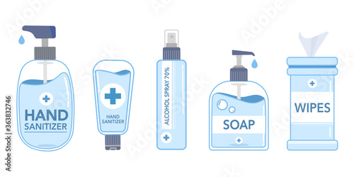 Set of hand sanitizer, alcohol spray, liquid soap and wet wipes. Personal protective against Coronavirus or Covid19, viruses, bacteria. Disinfection and Hand hygiene. Vector illustration