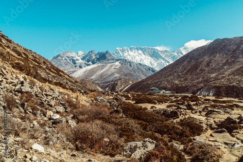 Beautifull Khumbu valley mountains landscape at the Everest Base Camp trek in the Himalaya, Nepal. Himalaya landscape and mountain views.