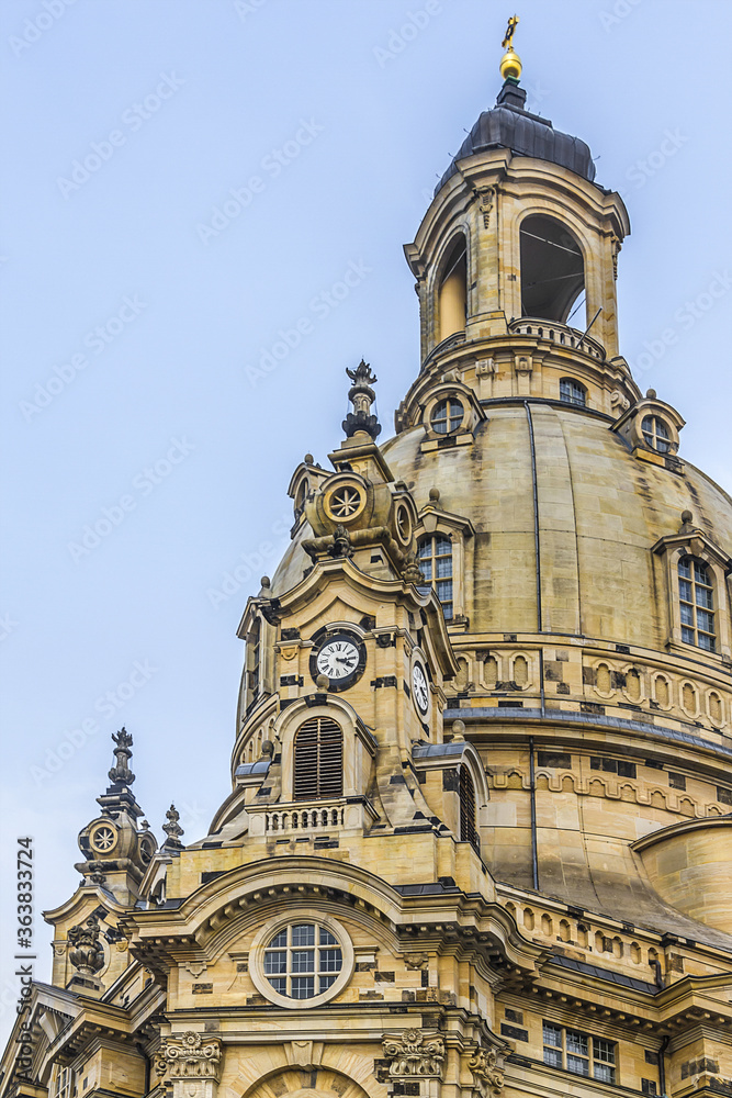 Architectural fragments of the famous Church of Our Lady (Church Frauenkirche) in Dresden, the capital of the German state of Saxony. Dresden, Germany.