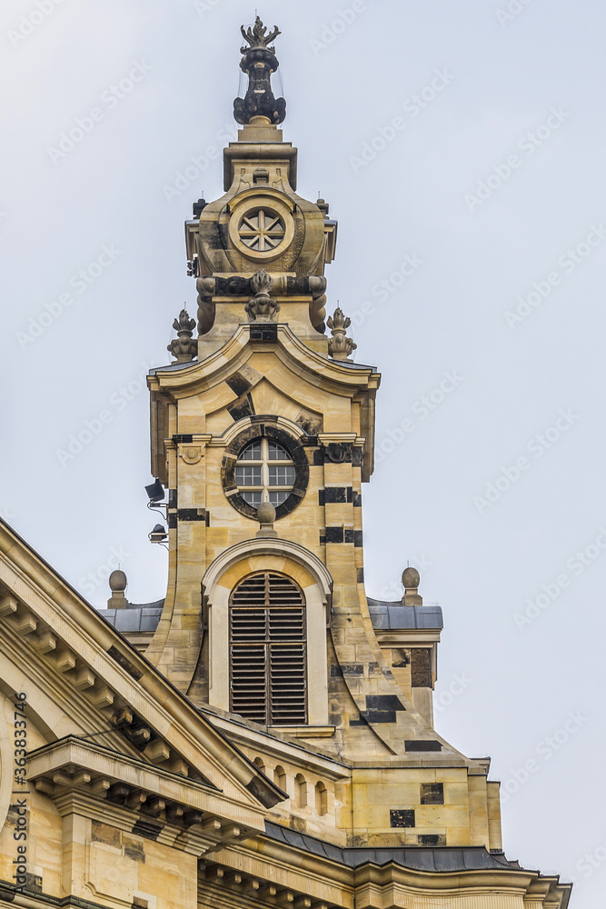 Architectural fragments of the famous Church of Our Lady (Church Frauenkirche) in Dresden, the capital of the German state of Saxony. Dresden, Germany.