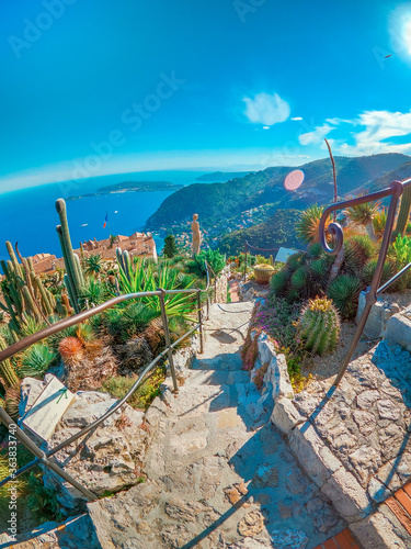 vue sur la mer avec le jardin exotique d'Eze en Provence