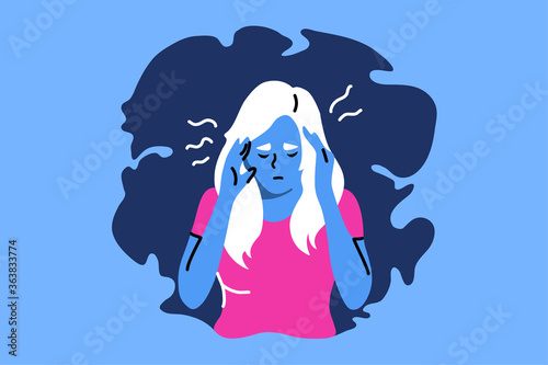 Depression, fatigue, mental stress, pain, frustration concept. Young depression frustrated stressful woman or girl cartoon character holding head. Fatigue psychological problems or headache bad news.
