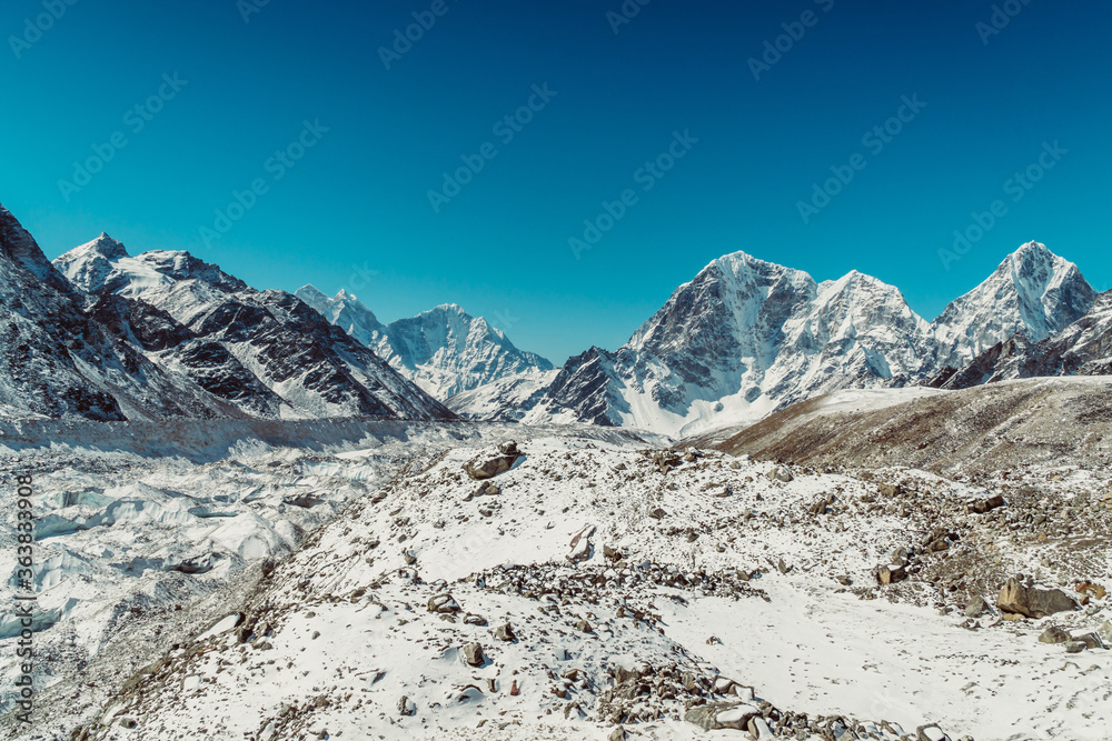 Beautifull Khumbu glacier mountains landscape at the Everest Base Camp trek in the Himalaya, Nepal. Himalaya landscape and mountain views.