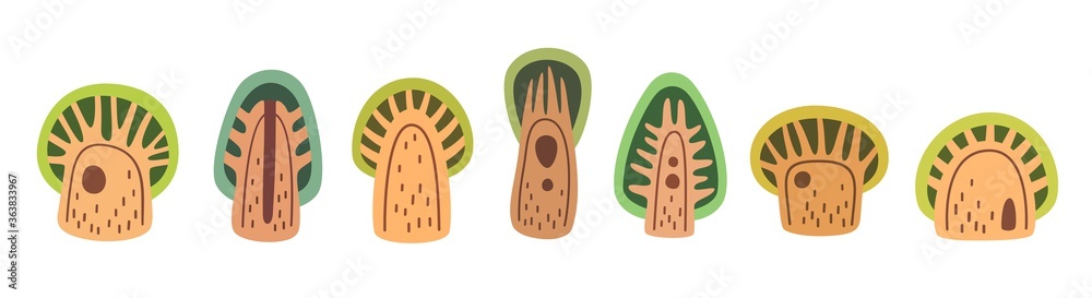 Folk art cartoon trees icon collection, flat vector stock illustration. Forest plant sticker set, clip art for childrens book or card, print for home decoration. Folk art cartoon trees icon collection, flat vector stock illustration. Forest plant sticker set, clip art for childrens book or card, print for home decoration.